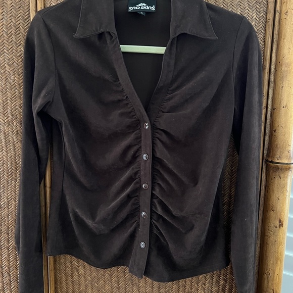 Snoskins Brown Button Down V neck long sleeve Shirt size small - Picture 3 of 4